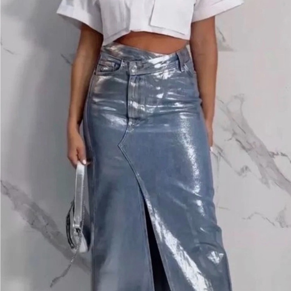 Metallic Silver High-Waist Midi Skirt
